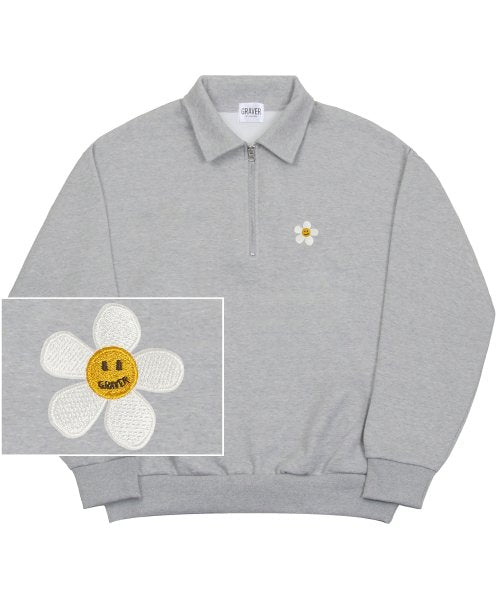 [UNISEX-P]플라워도트 자수 카라 하프집업 맨투맨_그레이