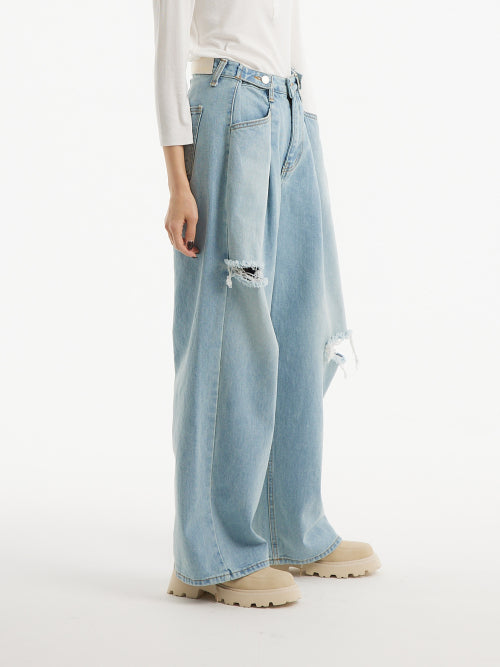 (Summer fabric added) Custom one-tuck damage wide denim pants light blue