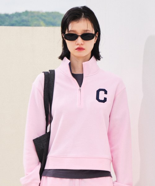 Women&#39;s C Logo Half Zip-up Man to Man Pink