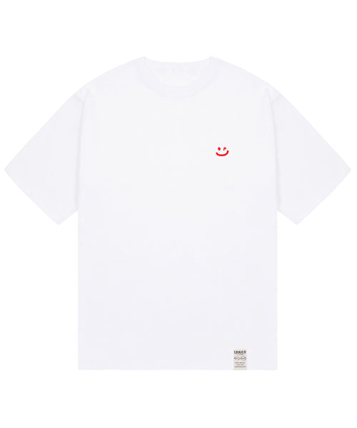 [UNISEX-24]스몰 드로잉스마일 반팔티_화이트/레드 로고