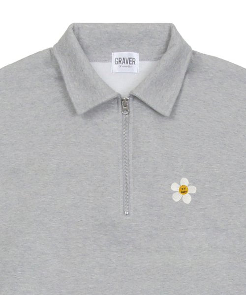 [UNISEX-P]플라워도트 자수 카라 하프집업 맨투맨_그레이