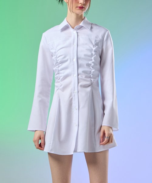 셔링 글램 슬림 긴팔 셔츠 미니 원피스 [WHITE] 스커트 치마 ver.