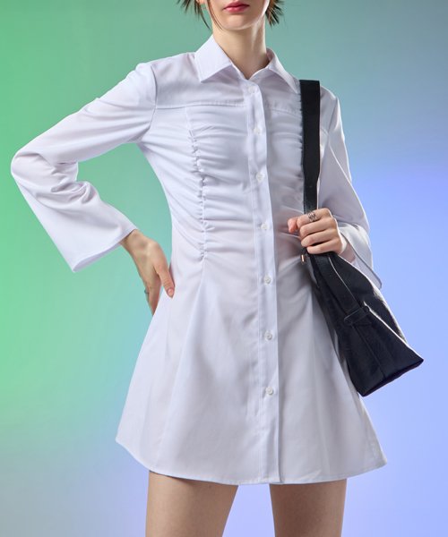 셔링 글램 슬림 긴팔 셔츠 미니 원피스 [WHITE] 스커트 치마 ver.